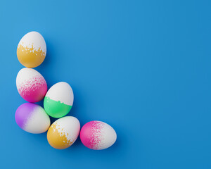 Bunch of colorful eggs on a blue Easter background 3D Rendering. Pile of birght and colorful Easter Eggs - 3d render. Easter concept composition frame border