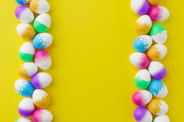 Bunch of colorful eggs on a yellow Easter background 3D Rendering. Pile of birght and colorful Easter Eggs - 3d render. Easter concept composition frame border