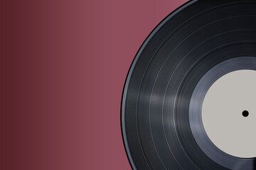 Classic vinyl record close-up on a red burgundy background, outdated data storage, music