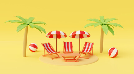 Summer with three beach benches, a table, a ball and two trees, 3d illustration rendering.