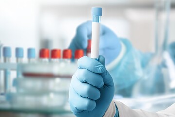 Medical laboratory assistant holding tube, Omicron COVID-19 concept