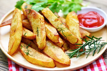 Potato wedges on wooden plate with rosemary herb and tomato ketchup sauce, Cooking french fries or fry potatoes