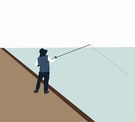 Man fishing on a lake from the pier during summer vacation. Fishing sport, outdoor summer recreation, leisure time. Vector illustration.