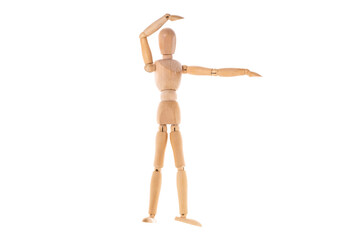 wooden man pointing with his hand to the side isolated on white background