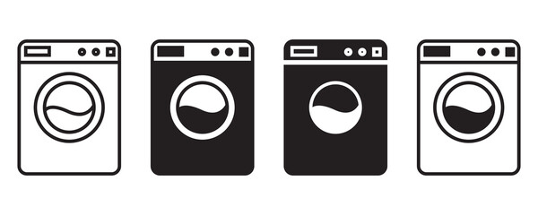 Black washing machines. Editable stroke. Button for clothes design. Vector illustration. stock image.