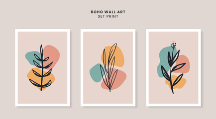 Beautiful boho mid century wall art with leaves template