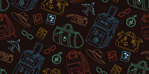 Travel seamless pattern vacation journey doodle drawn line scrapbook wrapper. Vintage camera, glasses photo, luggage suitcase compass, plane trendy design. Holiday baggage cartoon endless background