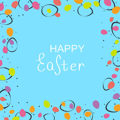 Happy Easter cartoon style vector illustration. Light-blue background with colorful eggs