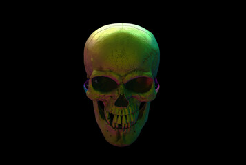 The Iridescent Human skull on Black Isolated Background. The concept art of death, horror. Design for print, poster. A symbol of spooky Halloween, Virus, immortal, pirate. 3d rendering illustration.