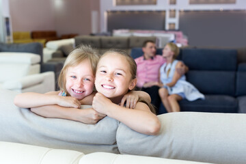 Portrait of two smiling sisters are standing near new sofa in furniture store