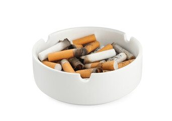 Ceramic ashtray with cigarette stubs isolated on white