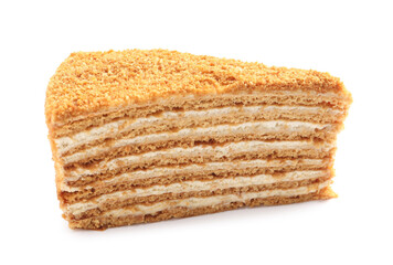 Slice of delicious honey cake isolated on white