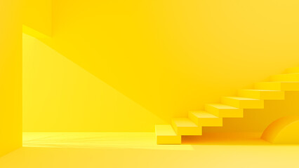 Yellow stair at the entrance. Bright light in front of the stair. Space for banner and logo background. Minimal idea concept, 3D Render.