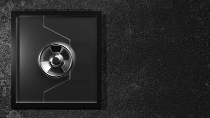 Metal door on old and dirty concrete wall. Space for banner and logo background. 3D Render.