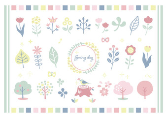 春の花と植物の手描きイラストセット / 花、木、植物、飾り