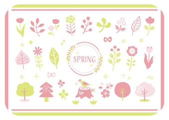 春の花と植物の手描きイラストセット / 花、木、植物、飾り