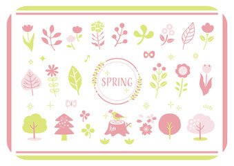 春の花と植物の手描きイラストセット / 花、木、植物、飾り