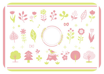 春の花と植物の手描きイラストセット / 花、木、植物、飾り