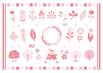 春の花と植物の手描きイラストセット / 花、木、植物、飾り