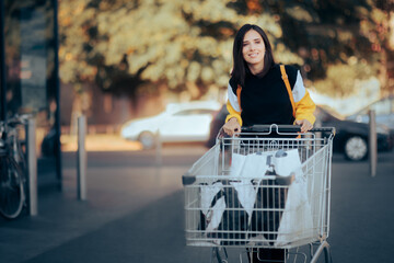 Happy Supermarket Customer Pushing a Shopping Cart