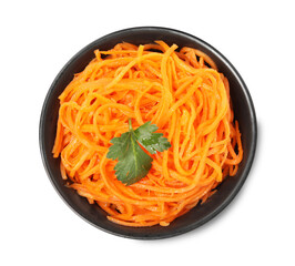 Delicious Korean carrot salad with parsley in bowl isolated on white, top view
