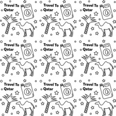 Fototapeta na wymiar Travel to Qatar doodle seamless pattern vector design. Map, flag, oil, camel are icon identic with Qatar.