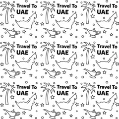 Travel to UAE doodle seamless pattern vector design.
Map, flag, tree, building, are icons identic with UAE