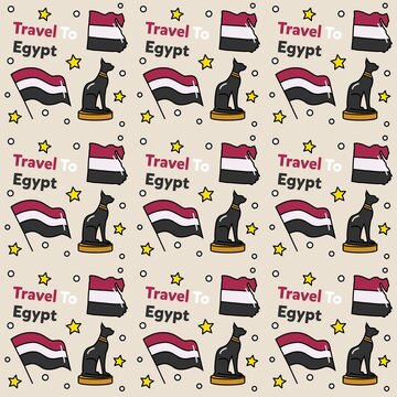 Travel to Egypt doodle seamless pattern vector design.
Pyramid, spinx , Map, Flag are icons identic with Egypt