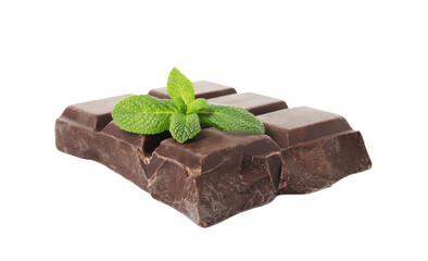 Tasty chocolate piece with mint on white background
