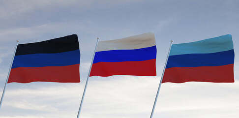 Flags of Lugansk Donetsk AND RUSSIA waving with cloudy blue sky background,3D rendering war