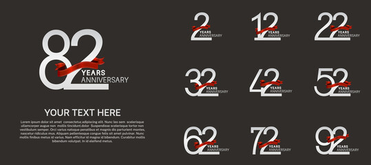 set anniversary logotype premium collection silver color and red ribbon isolated on black background