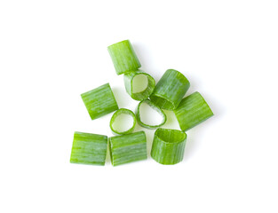 Chopped green onions on white background top view