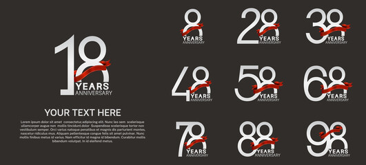 set anniversary logotype premium collection silver color and red ribbon isolated on black background
