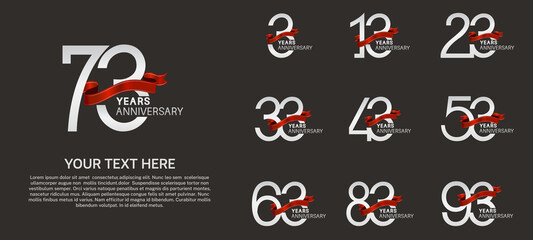 set anniversary logotype premium collection silver color and red ribbon isolated on black background