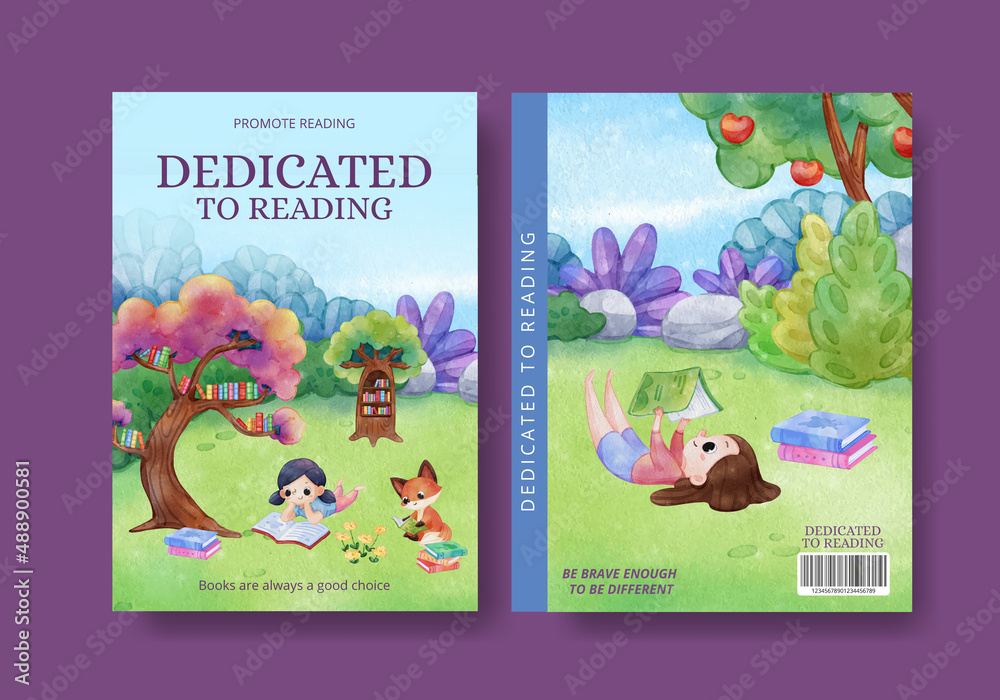 Poster cover book template with world book day concept,watercolor style