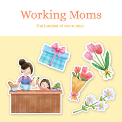 Sticker template with love supermom concept,watercolor style