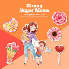 Sticker template with love supermom concept,watercolor style