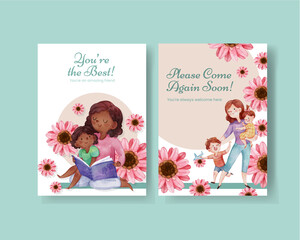 Thanks card template with love supermom concept,watercolor style