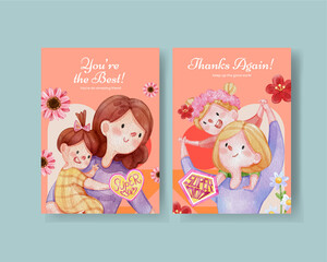 Thanks card template with love supermom concept,watercolor style