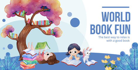 Billboard template with world book day concept,watercolor style