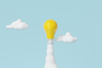 Creative idea concept. Yellow light bulb spaceship on soft blue sky background. minimal cartoon invention, copy space, isolated. 3d render illustration