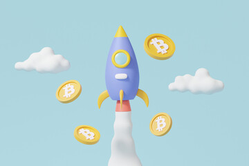 Naklejka na ściany i meble Spaceship rocket to the moon Bitcoin cryptocurrency trading flying crypto growth target Stock exchange business finance investment. trader concept. 3d render illustration