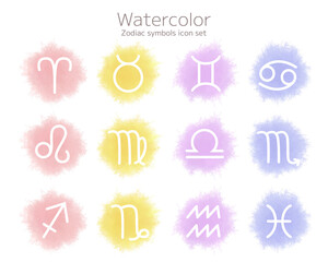 水彩テクスチャの十二星座シンボルアイコンのセット