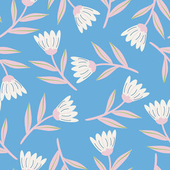 Fototapeta na wymiar Baby Blue with white flowers and pink leaves seamless pattern background design.