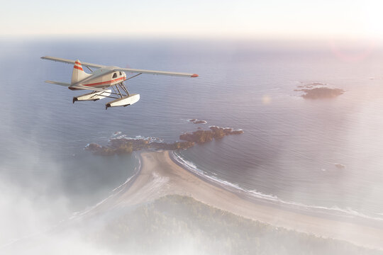 Seaplane Flying over the West Coast Pacific Ocean at sunset. Adventure Composite. 3D Rendering Airplane. Background Image from Tofino, Vancouver Island, British Columbia, Canada.