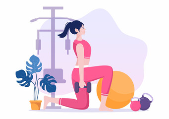 Workout Gym People Exercising Lifting Dumbbells and Weight, Jogging on Treadmill, Sport, Wellness or Fitness in Flat Poster Background illustration