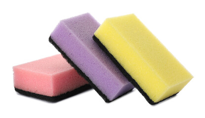 Bright cleaning sponges with abrasive scourers on white background