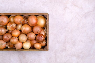 Fresh yellow onions in a wooden box