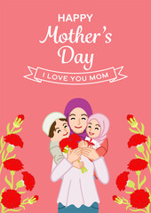 Mother's day template design, Muslim mother embracing two children