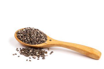 chia seeds in wooden spoon Isolated on white background